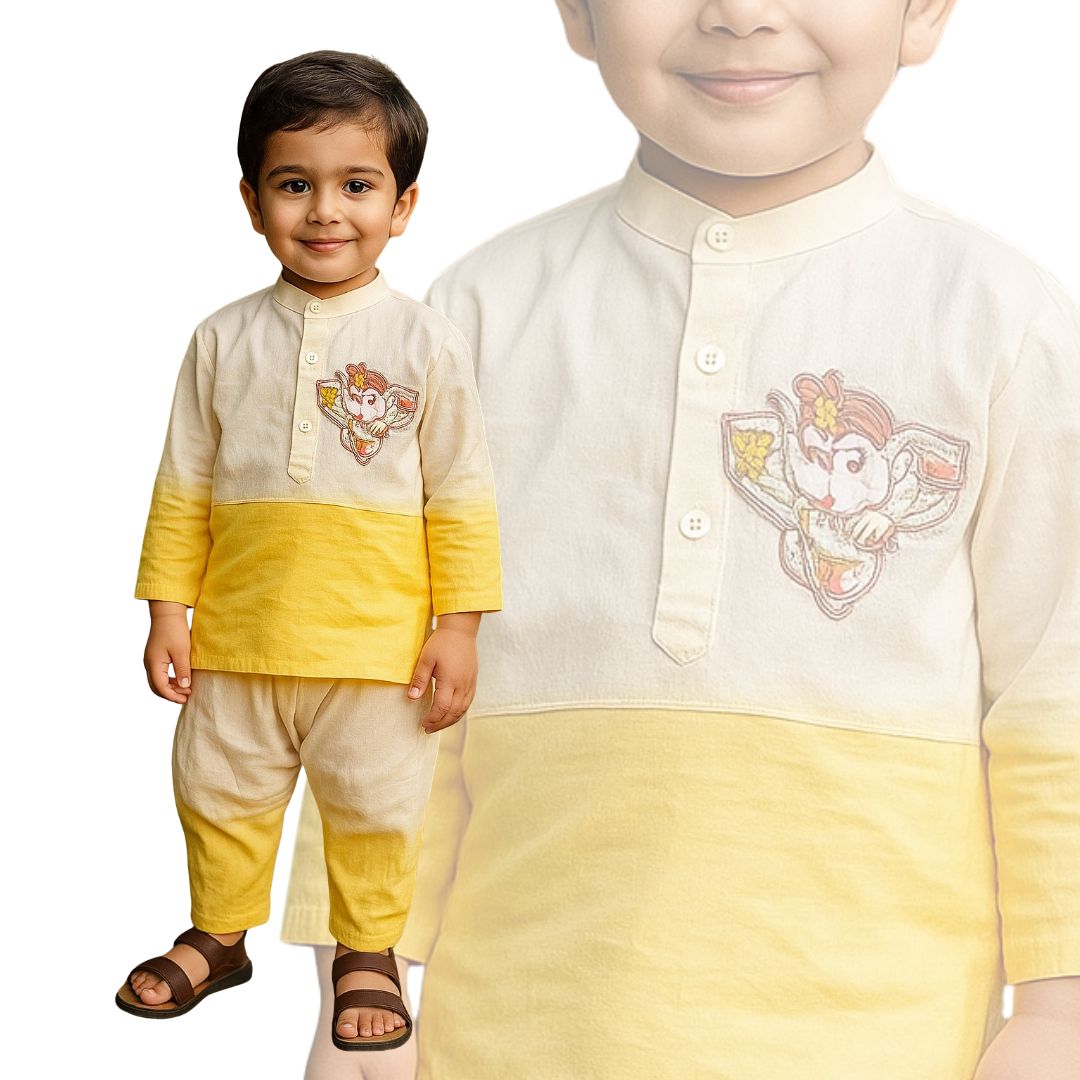 Yellow Shaded Kurta Set with Ganesha Motif