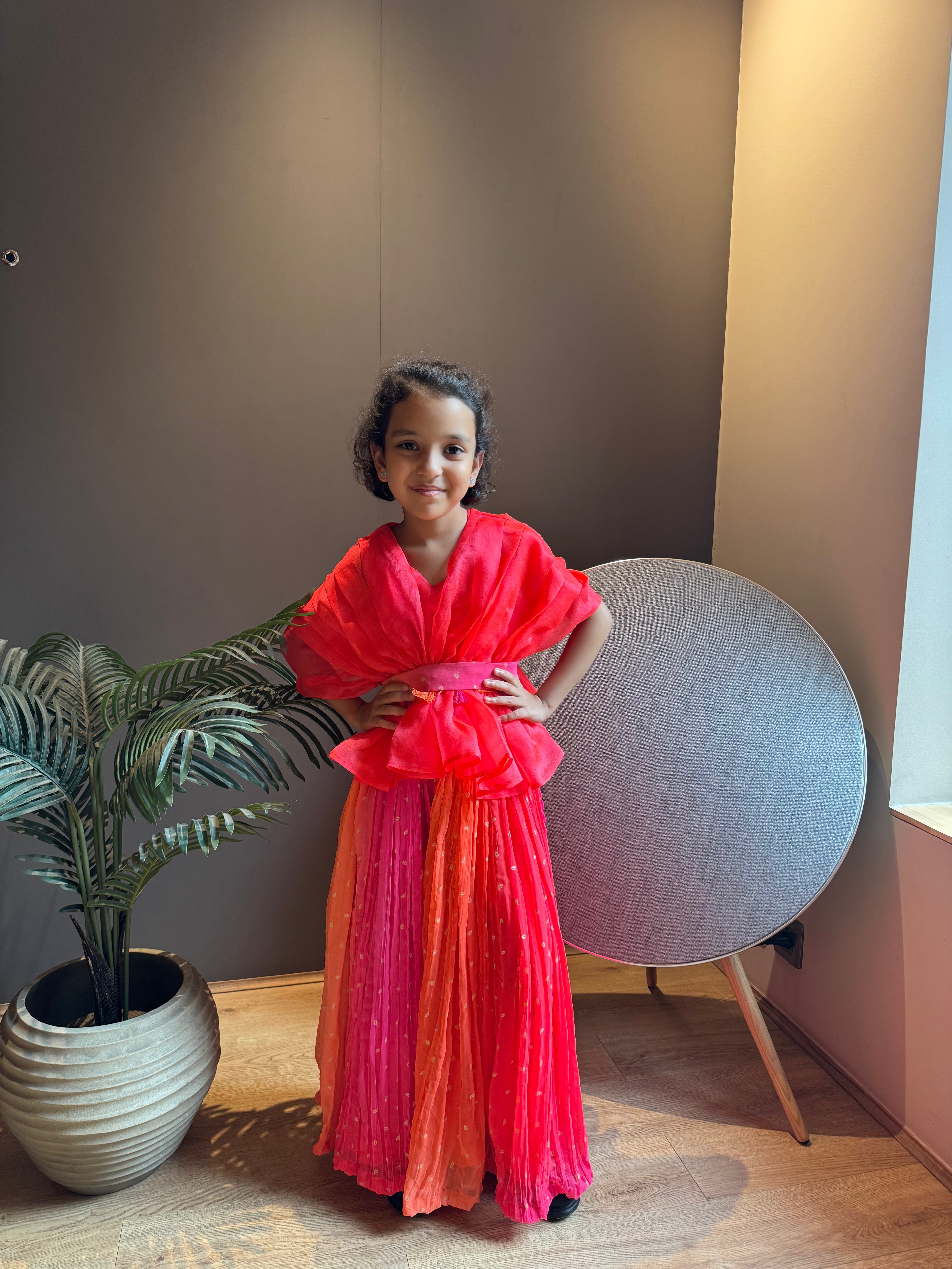 Orange Organza Top With Shaded Bandhni Pants