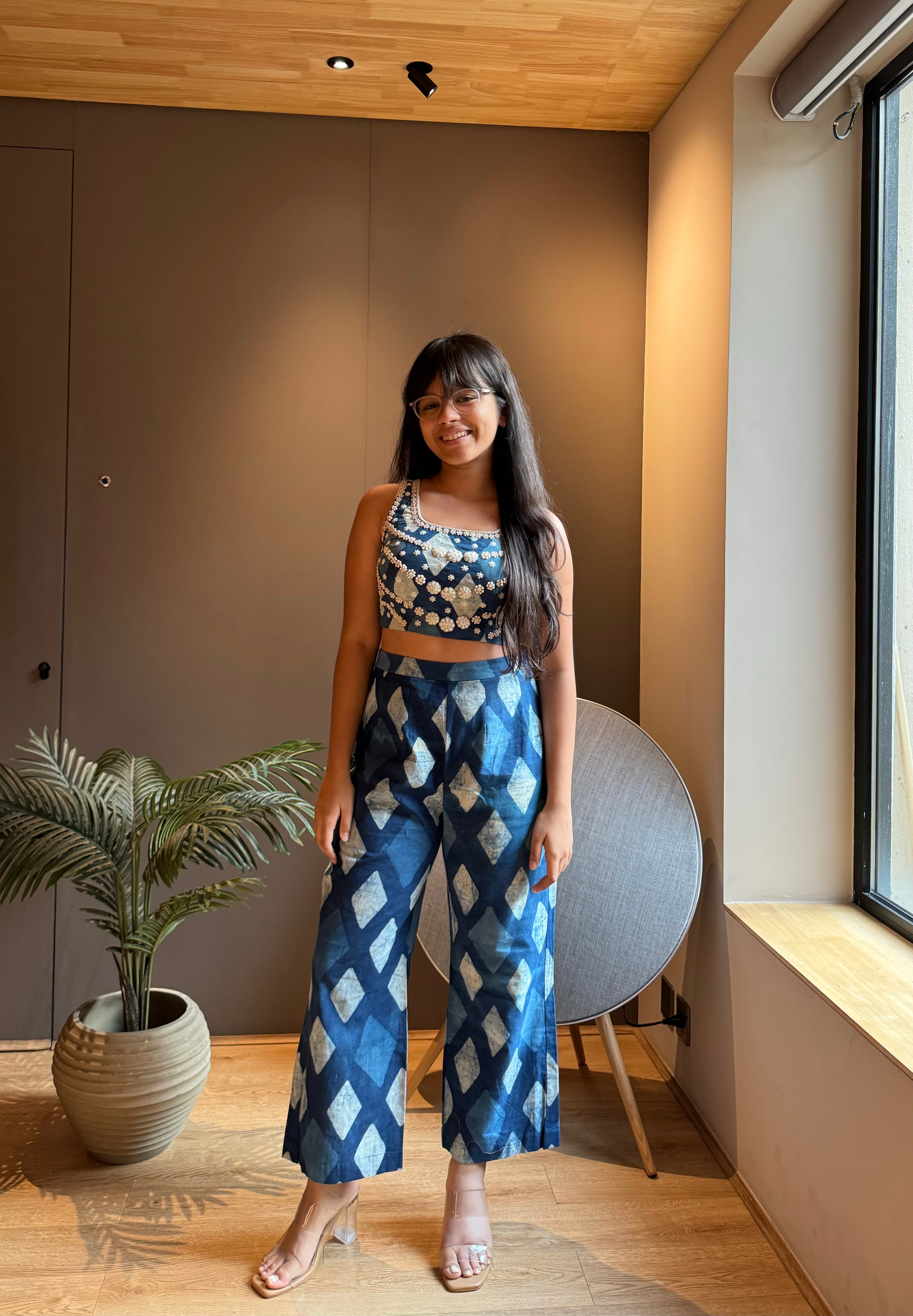 Indigo Embroidered Top With Flared Pants