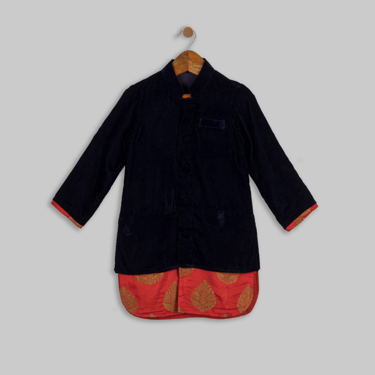 Black Velvet Kurta with Brocade Panel and Pants Set