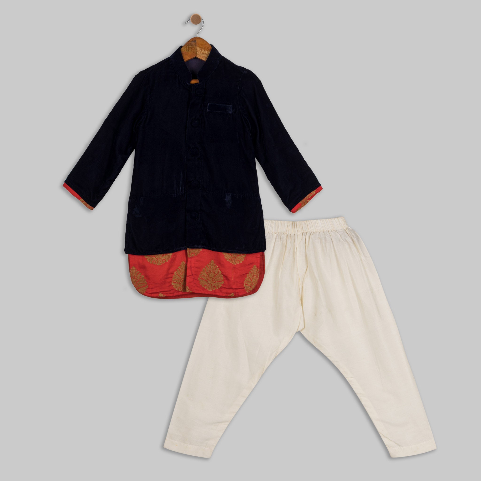 Black Velvet Kurta with Brocade Panel and Pants Set