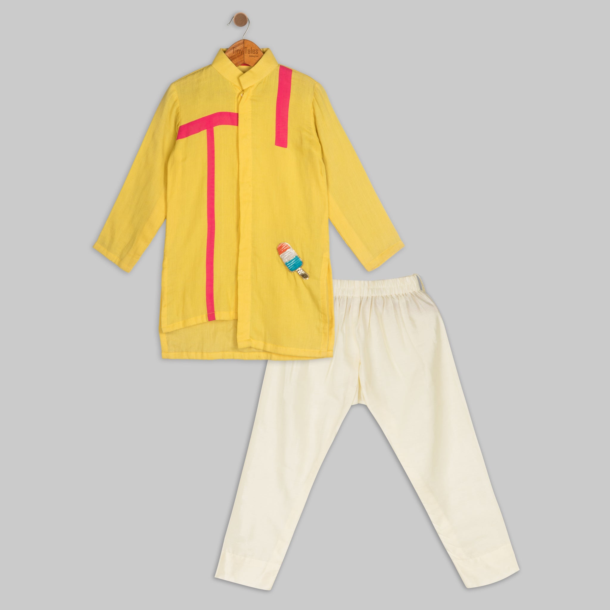 Yellow and Pink Kurta Set with Krishna Motif