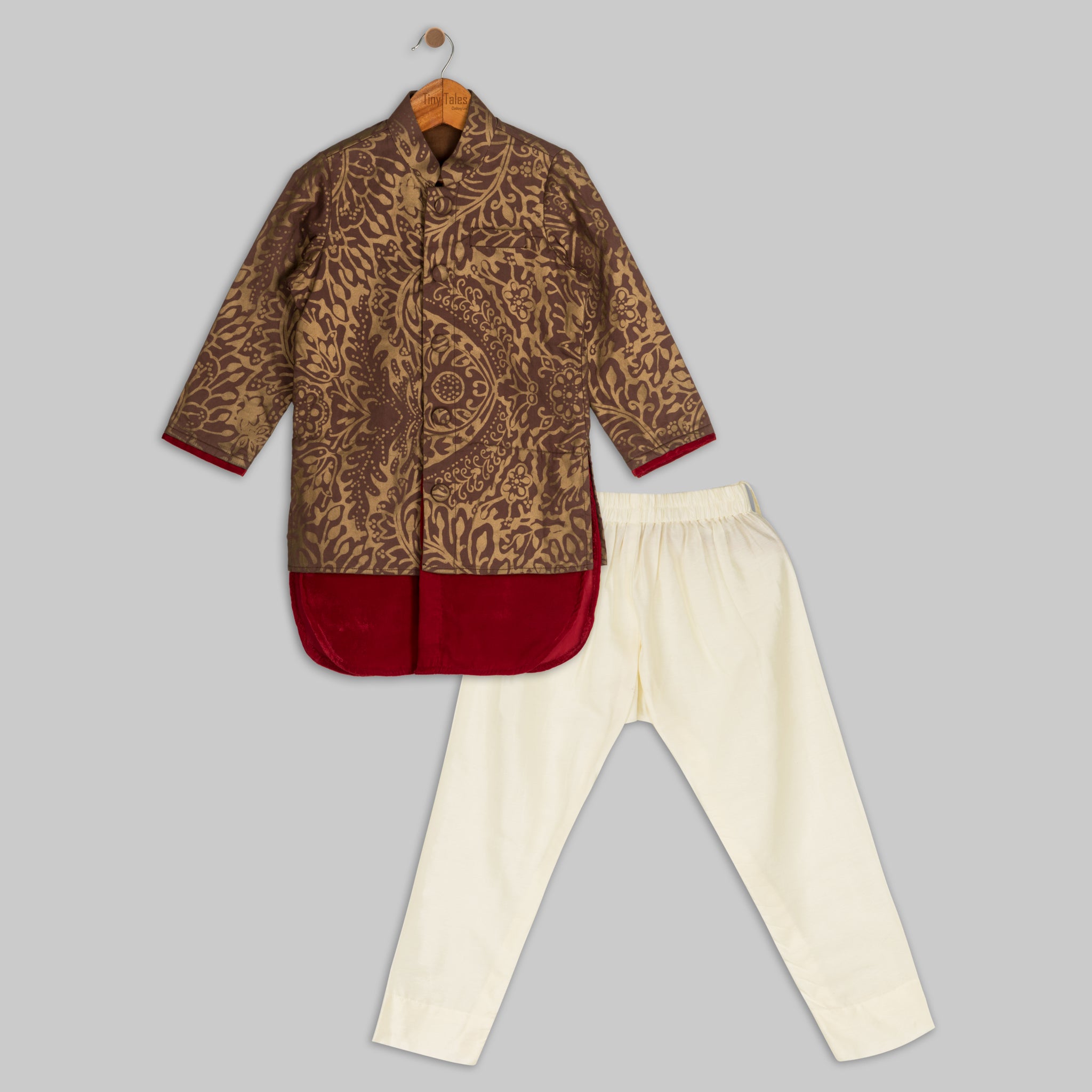 Brown Print With Red Velvet Kurta
