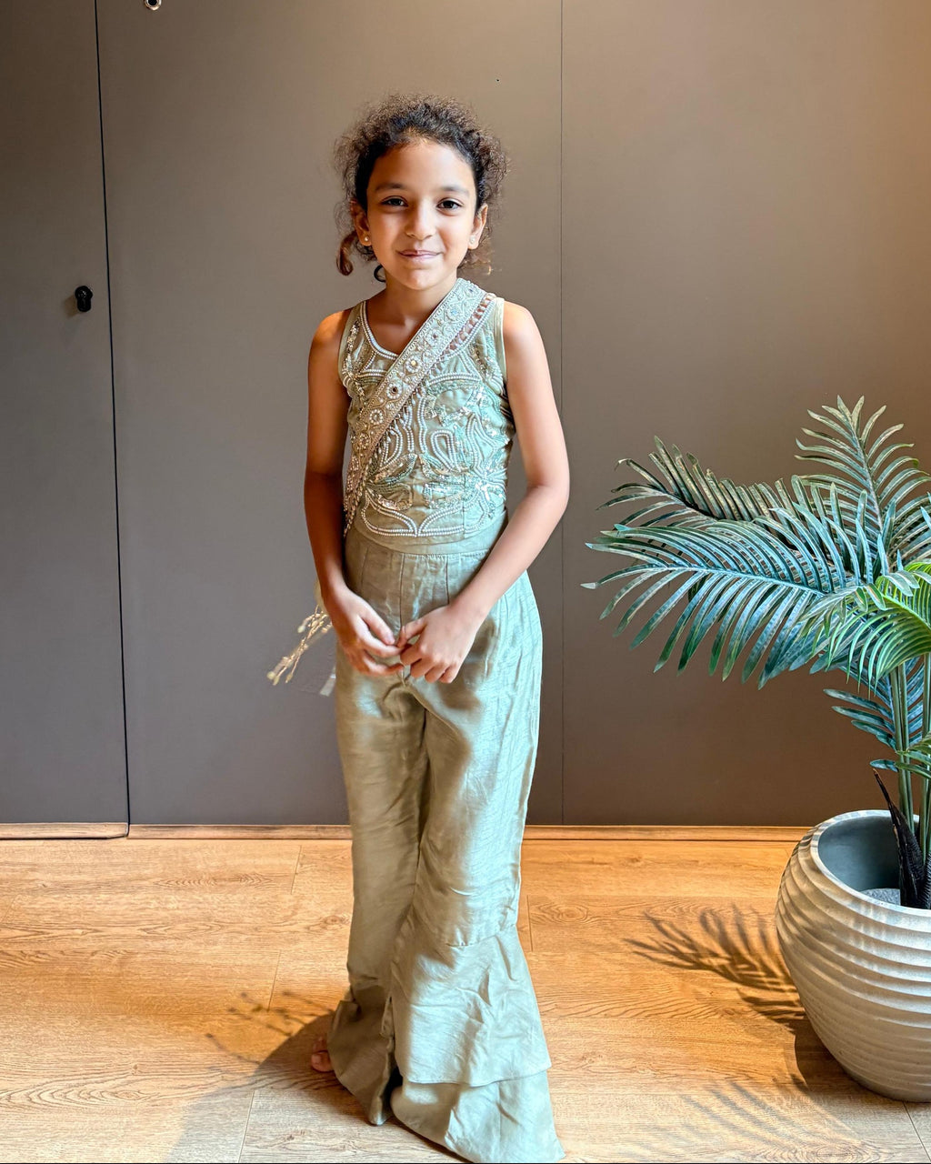 Sage Green Halter Embroidered Blouse with Flared Pants & Crossbody Bag