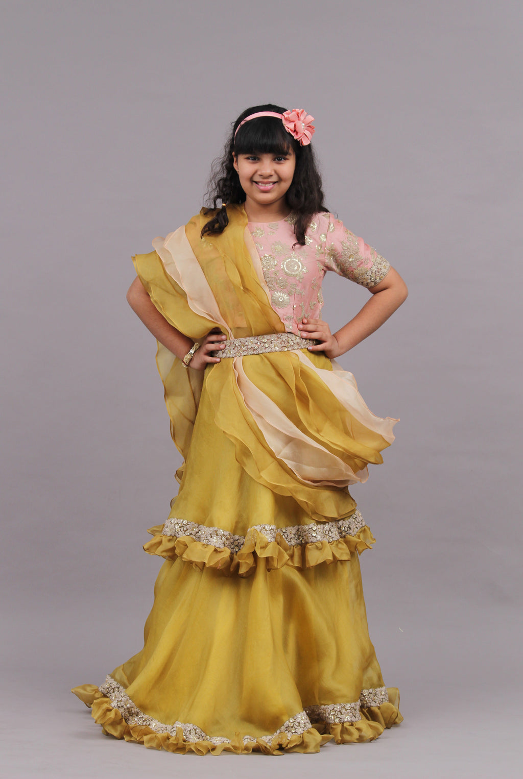 Olive Tiered Lehenga with Blouse and Frill Dupatta
