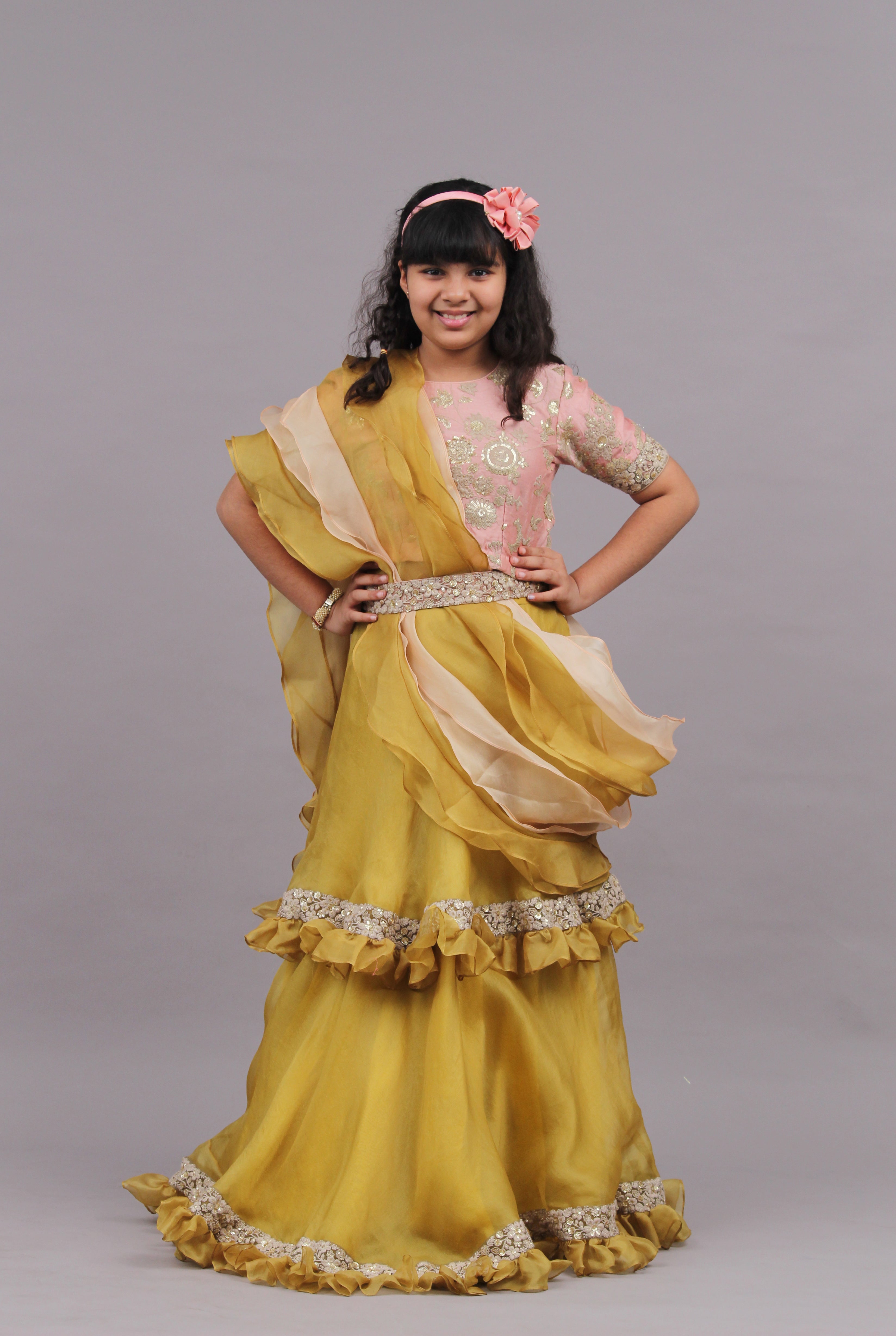Olive Tiered Lehenga with Blouse and Frill Dupatta