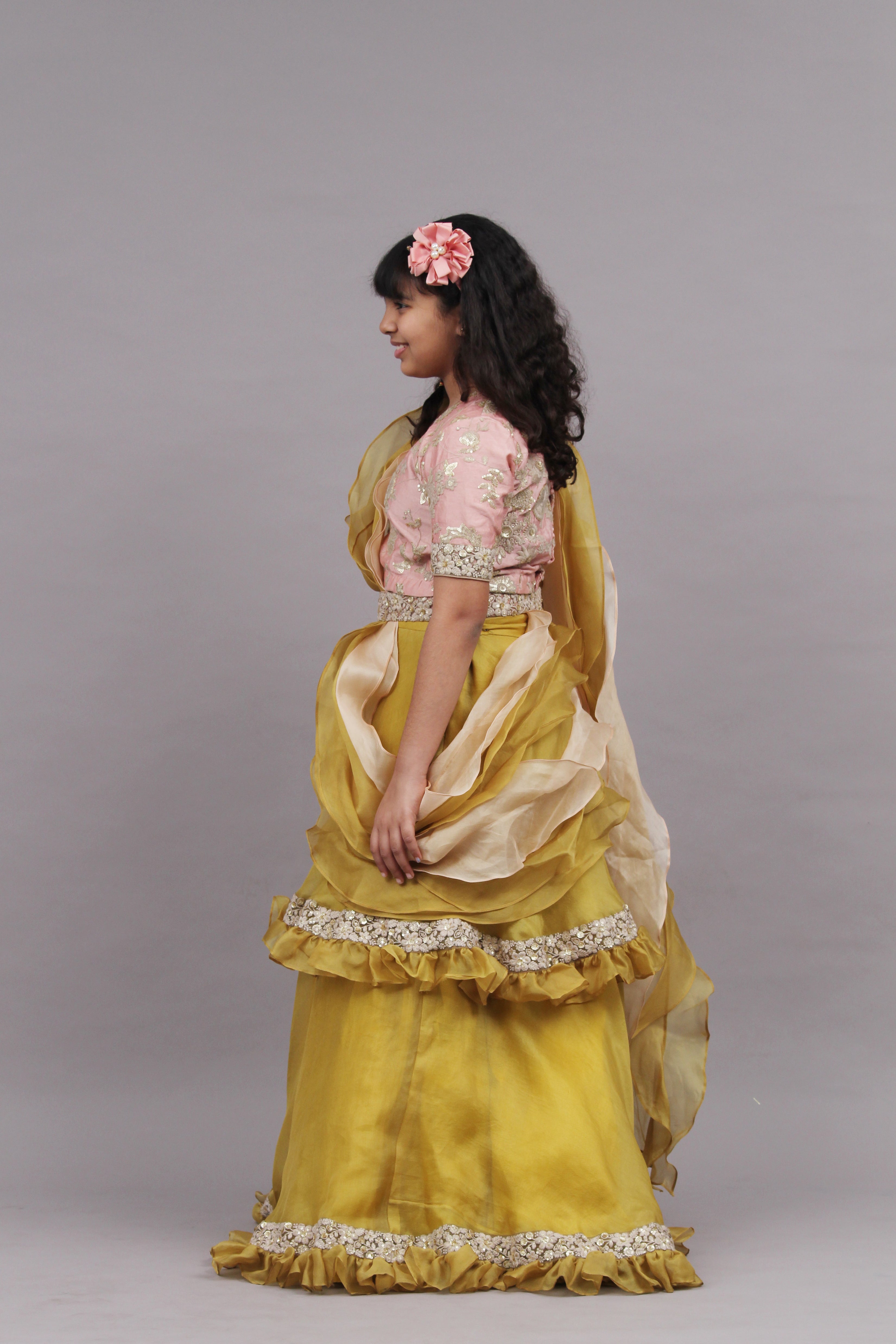 Olive Tiered Lehenga with Blouse and Frill Dupatta