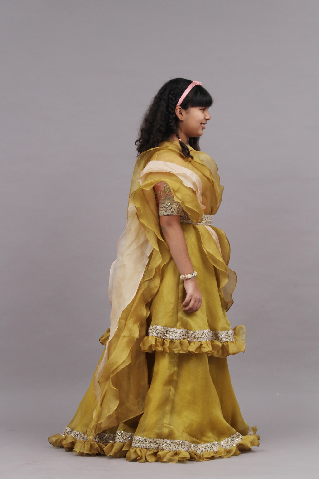 Olive Tiered Lehenga with Blouse and Frill Dupatta