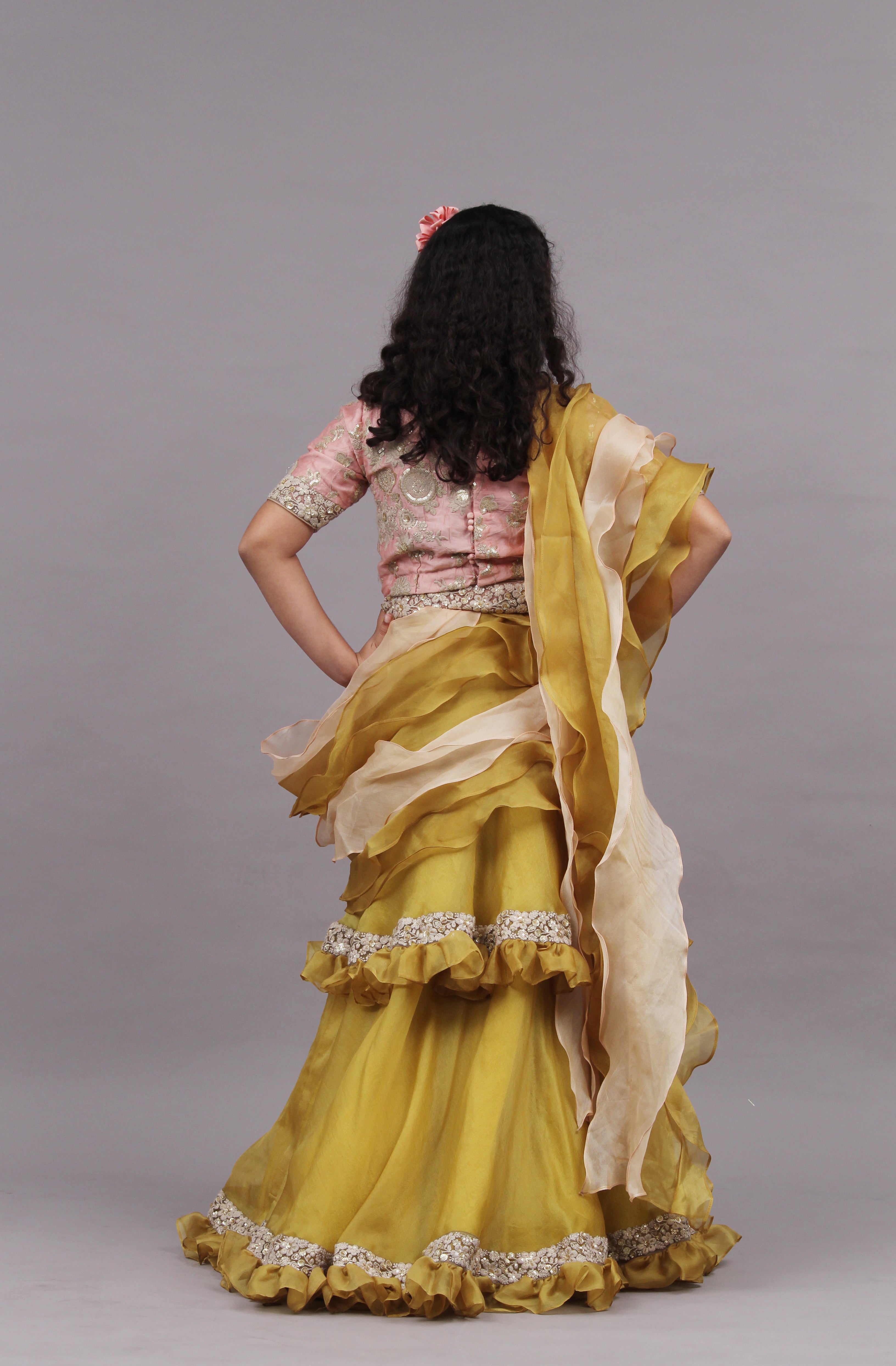 Olive Tiered Lehenga with Blouse and Frill Dupatta