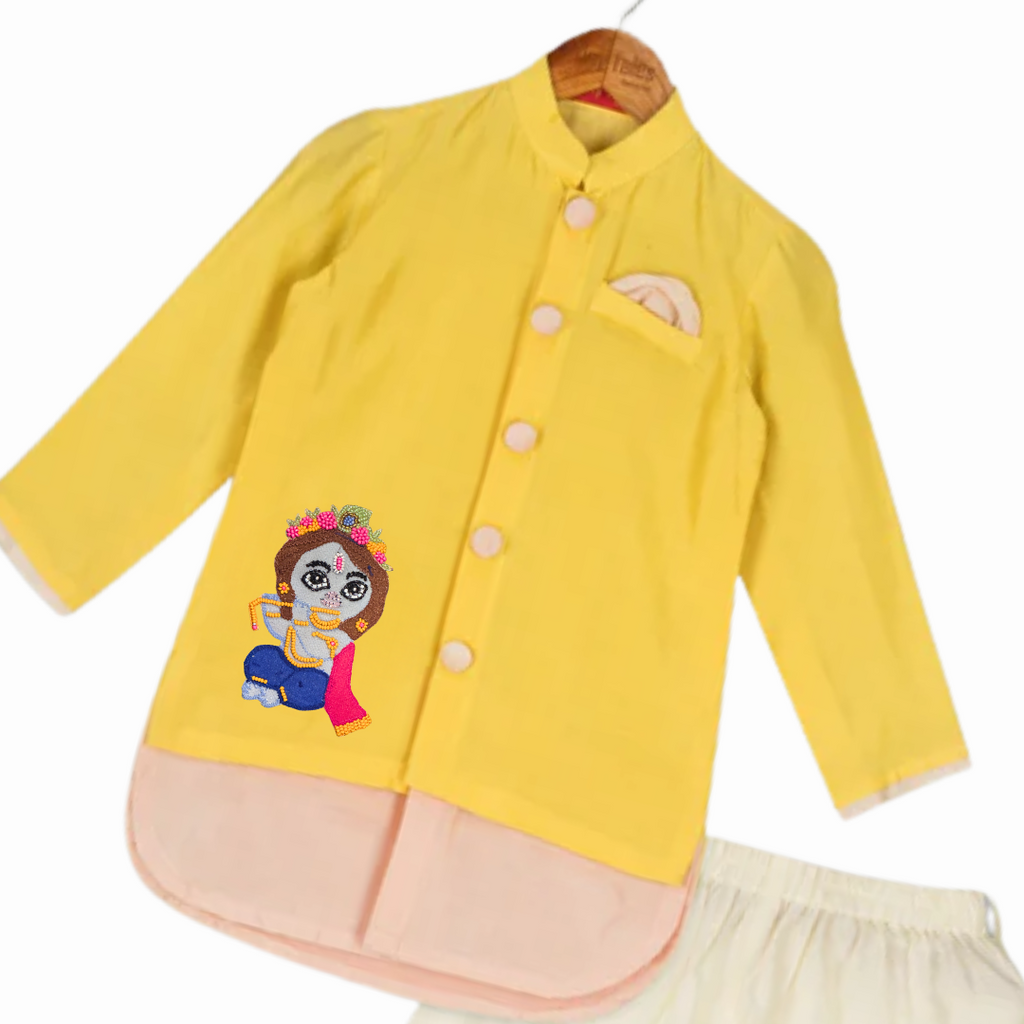 Yellow and Pink Kurta Set with Krishna and Matka Motif