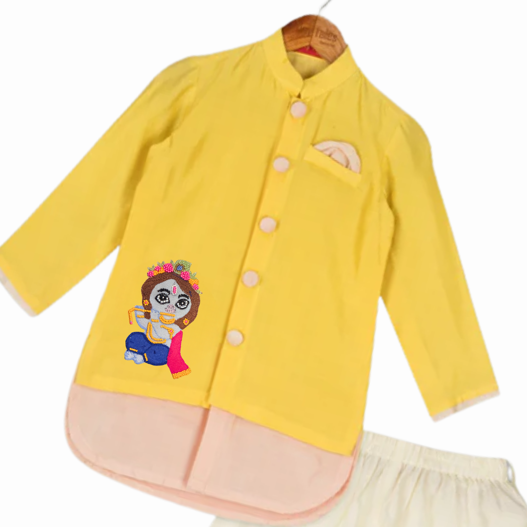 Yellow and Pink Kurta Set with Krishna and Matka Motif