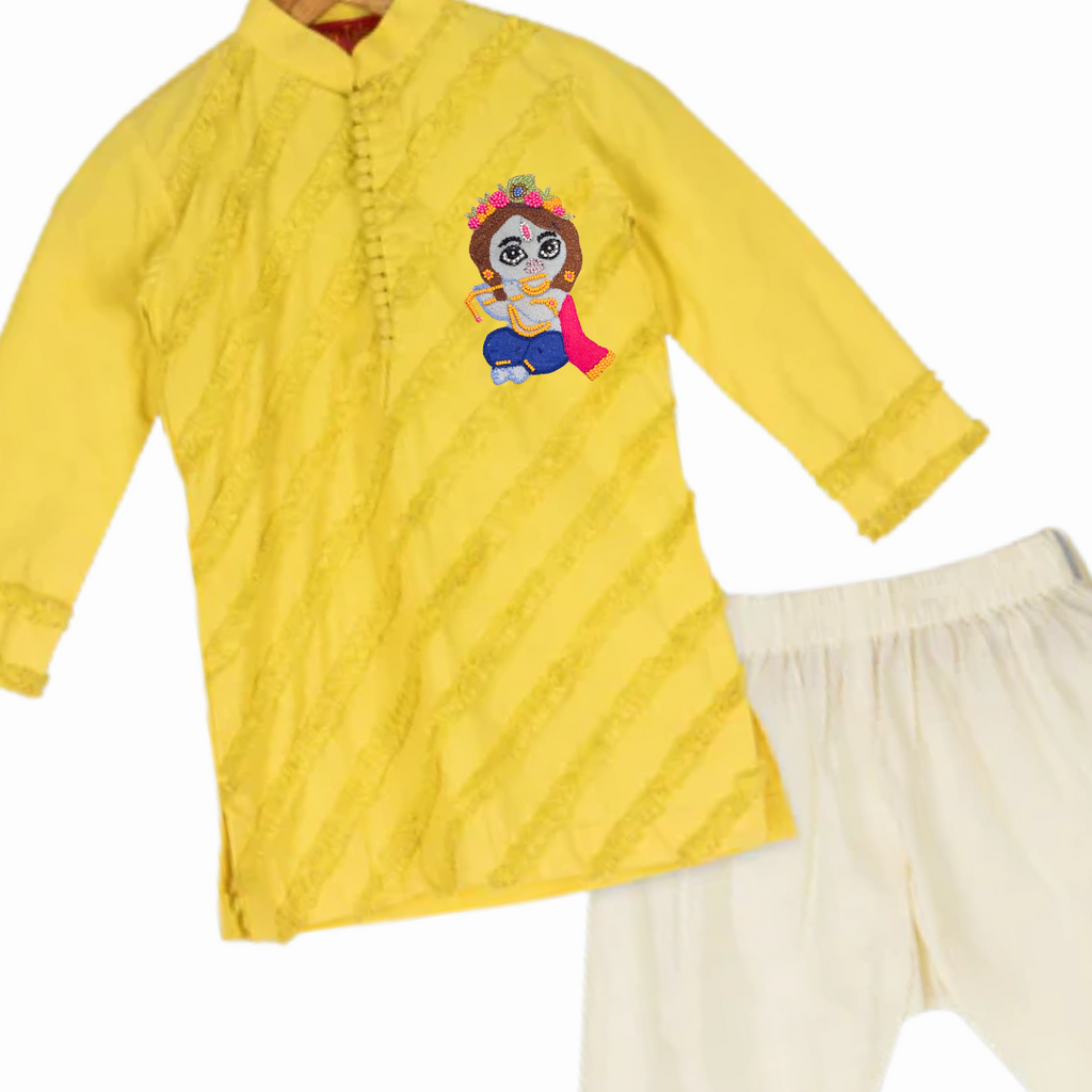 Yellow Frill Textured Kurta Set with Krishna Motif