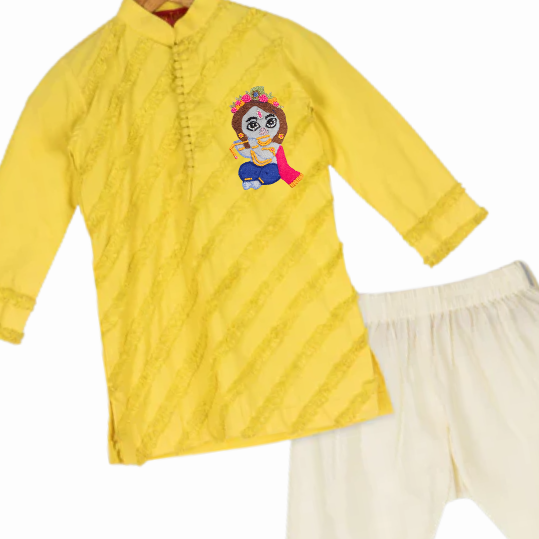 Yellow Frill Textured Kurta Set with Krishna Motif