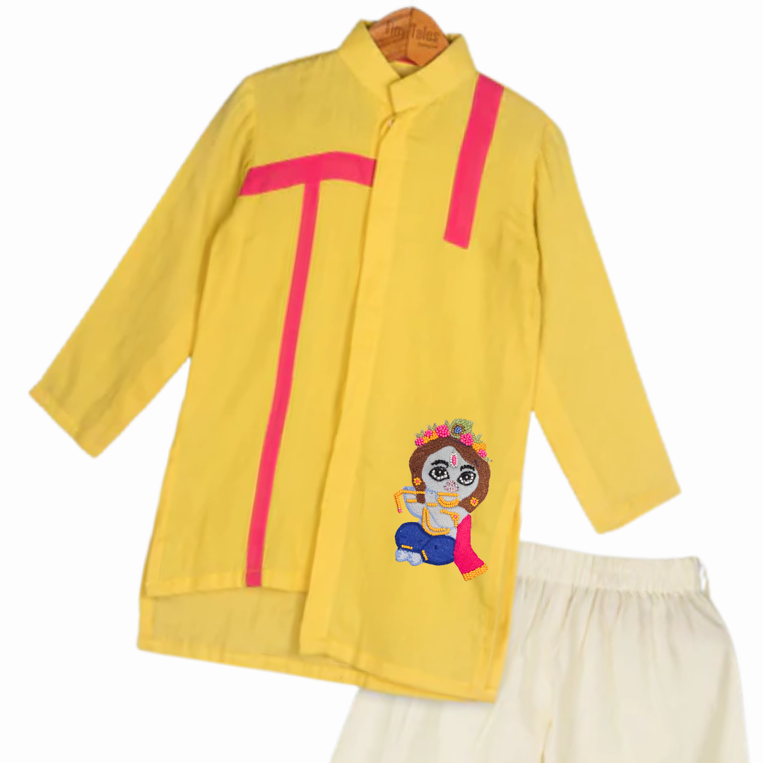 Yellow and Pink Kurta Set with Krishna Motif