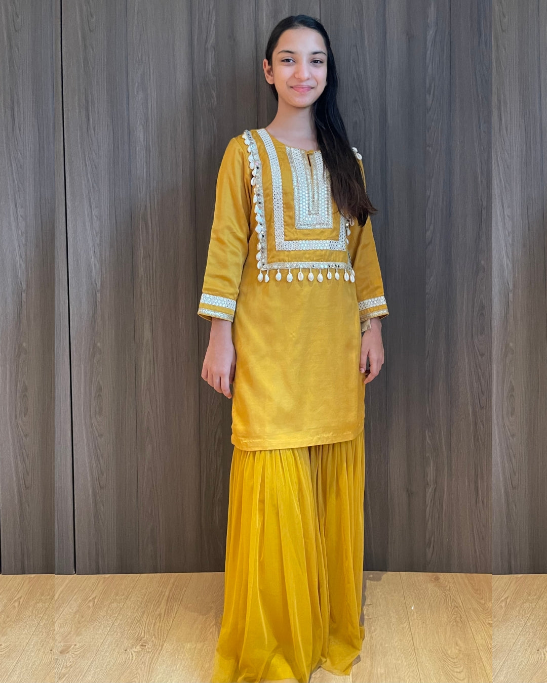 Mustard Shell Work Kurta Set