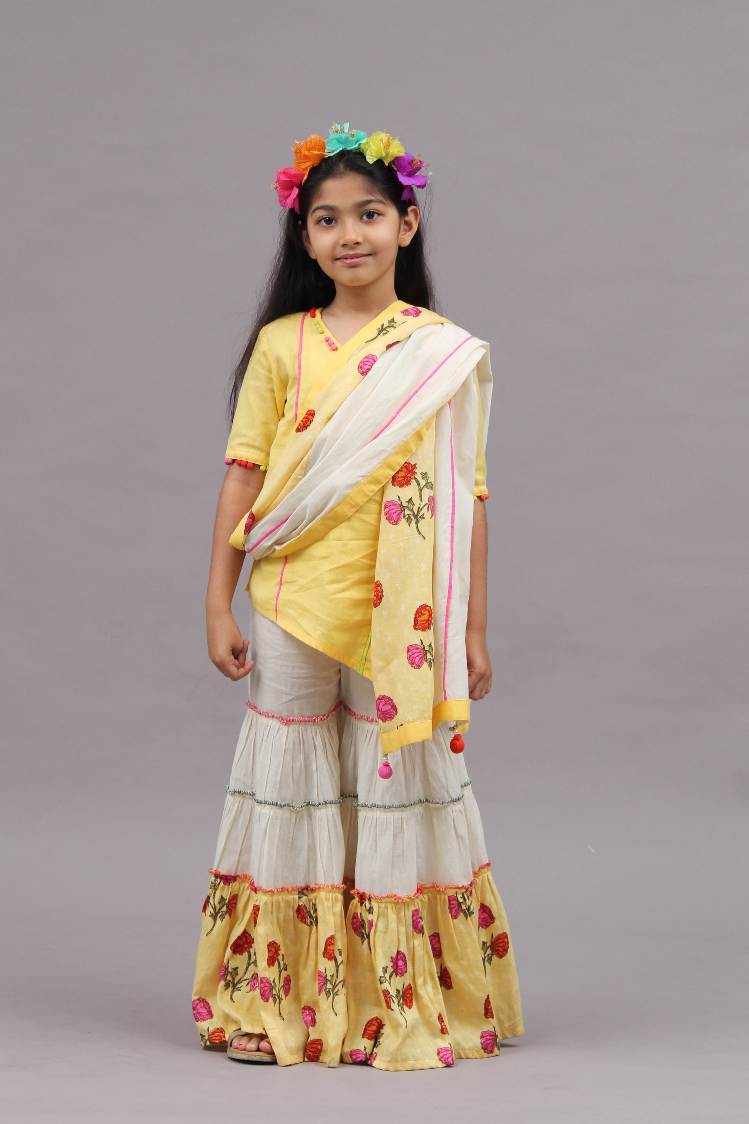 Off White and Yellow Printed Sharara Set