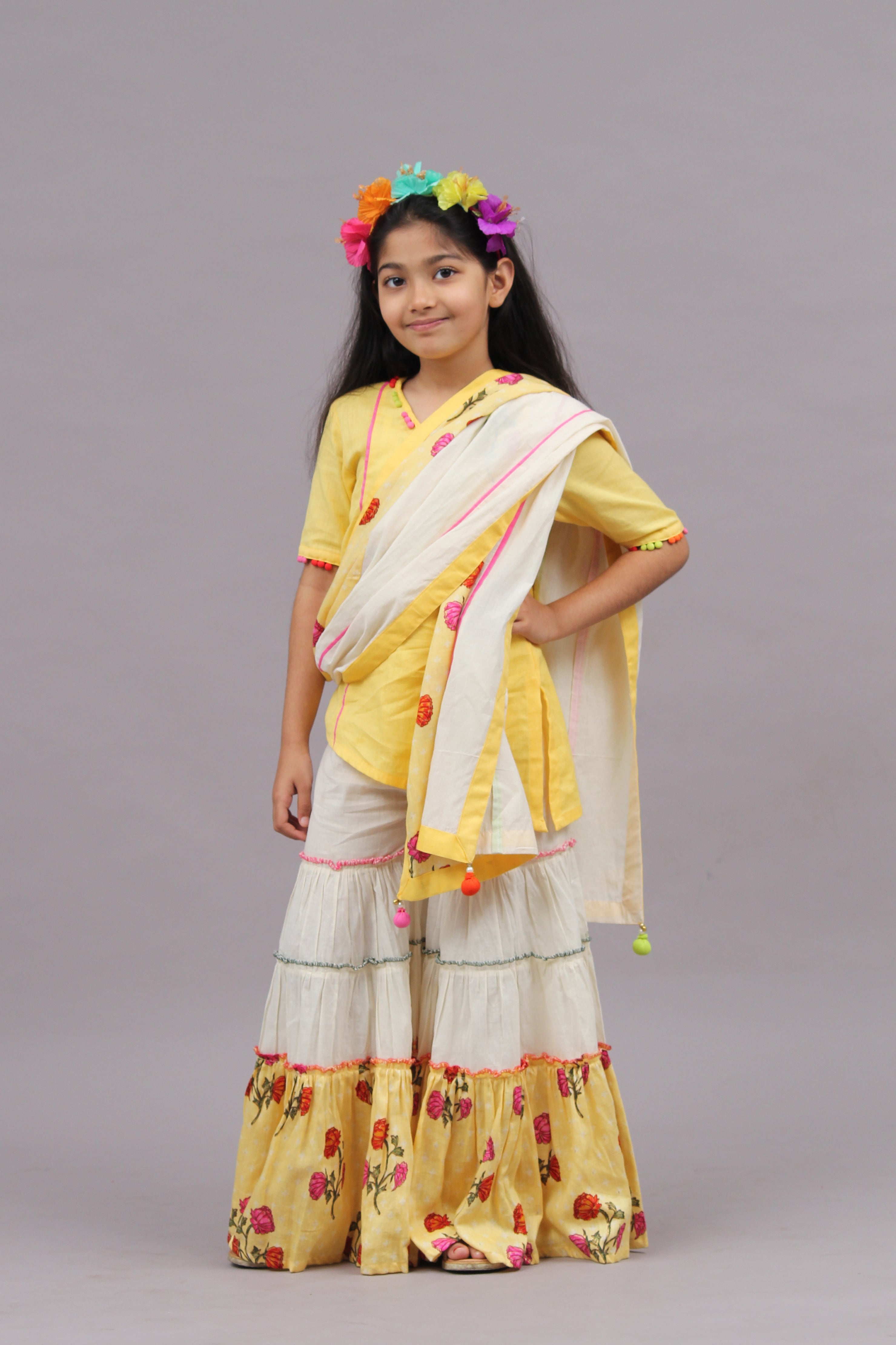 Off White and Yellow Printed Sharara Set