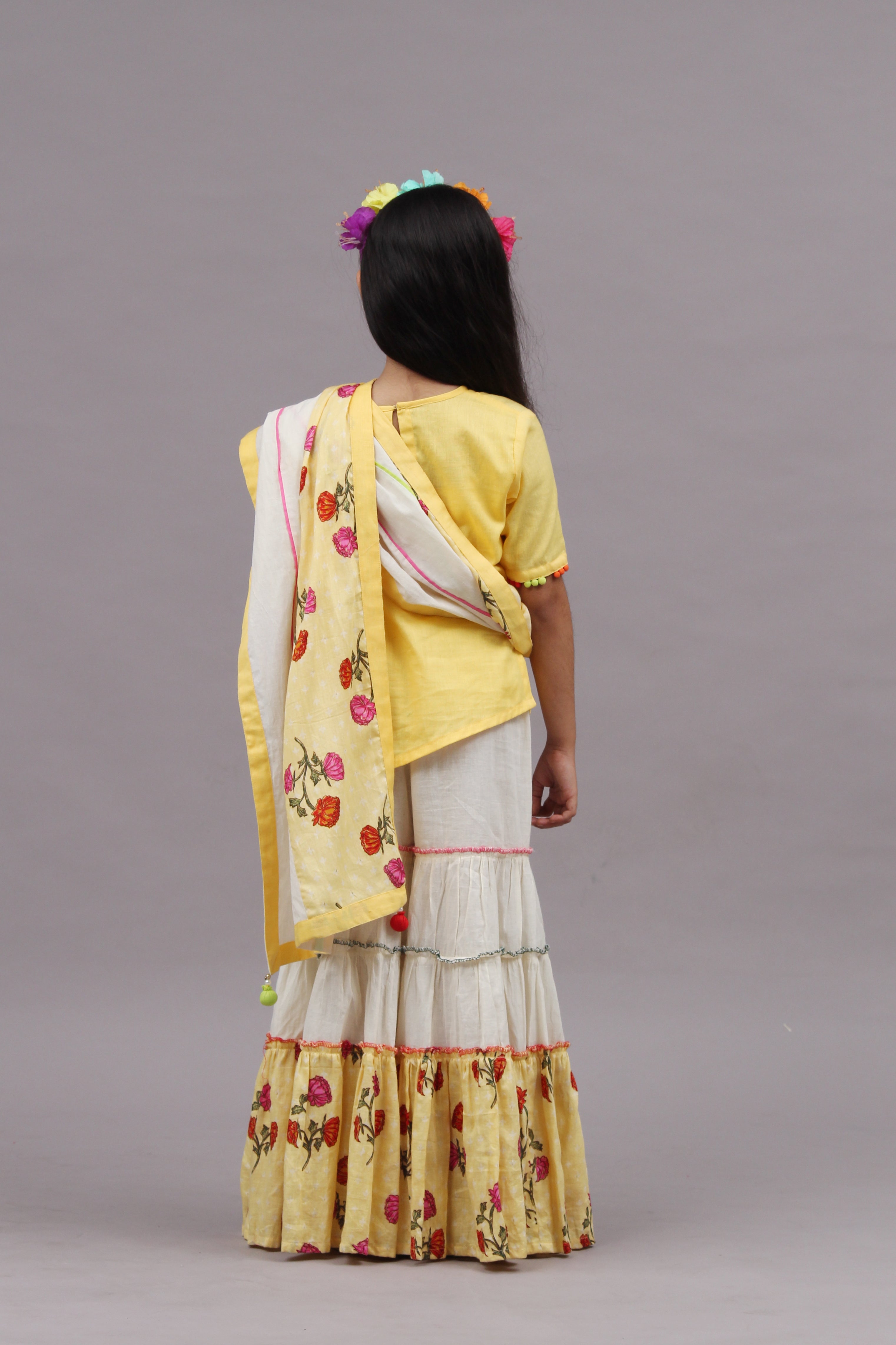 Off White and Yellow Printed Sharara Set