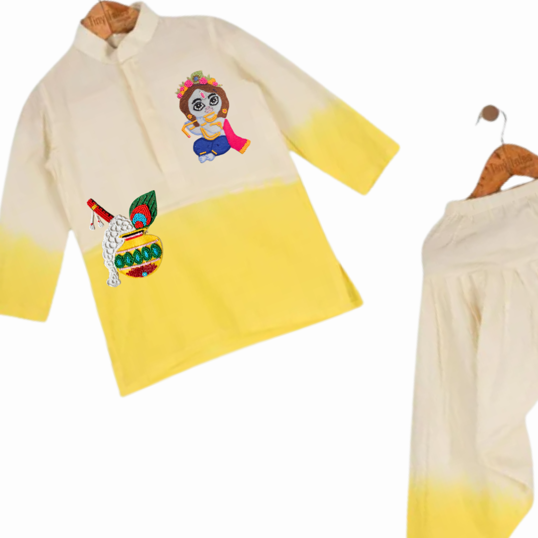 Yellow Shaded Kurta Set with 2 Motifs - Shri Krishna & Matka