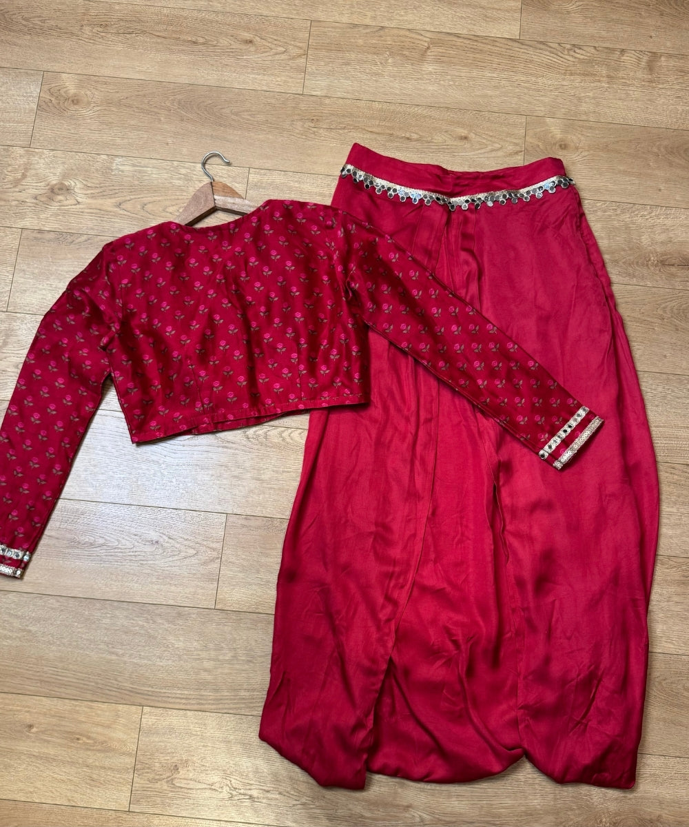 Red Printed Wrap Top with Dhoti Set