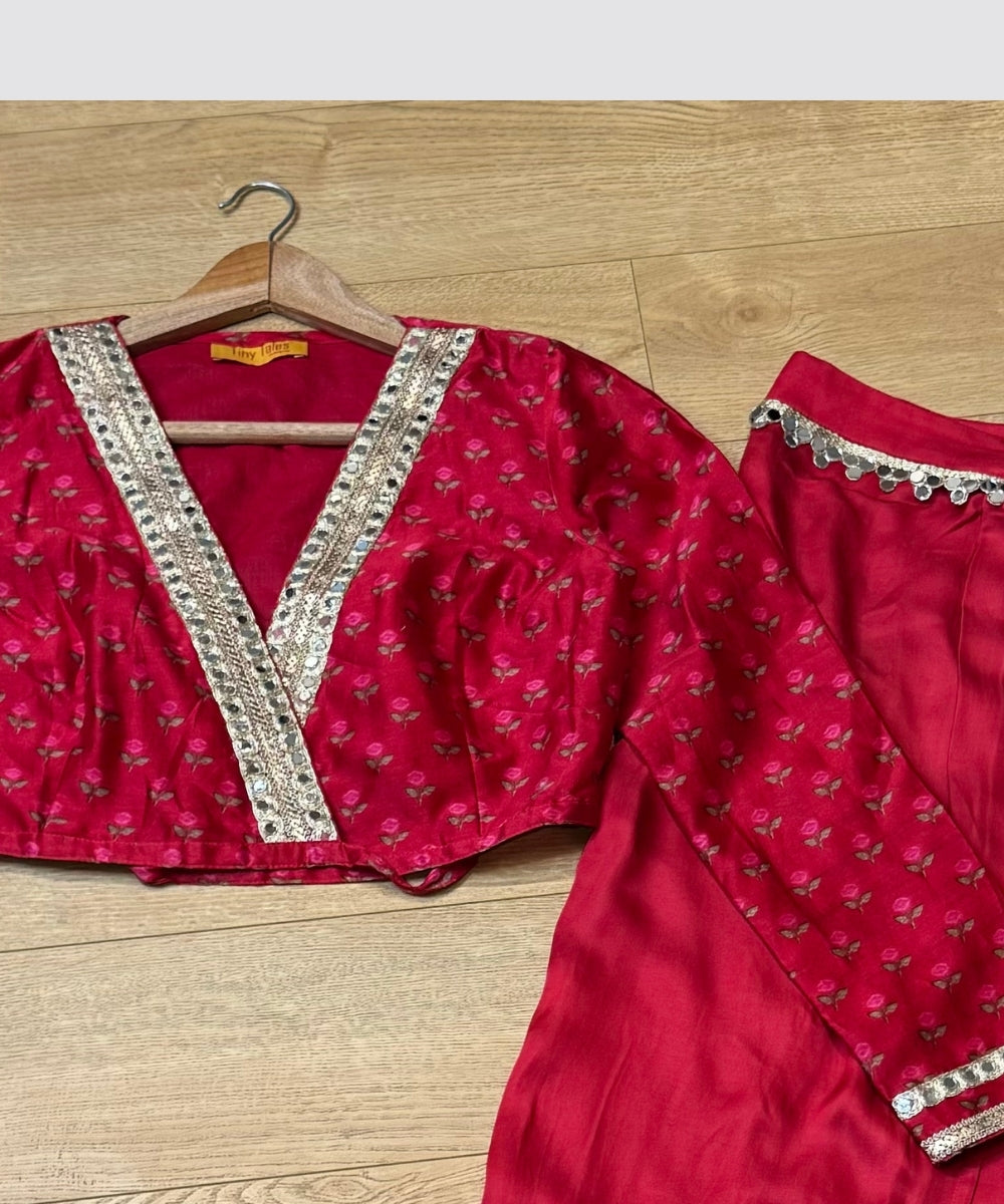 Red Printed Wrap Top with Dhoti Set