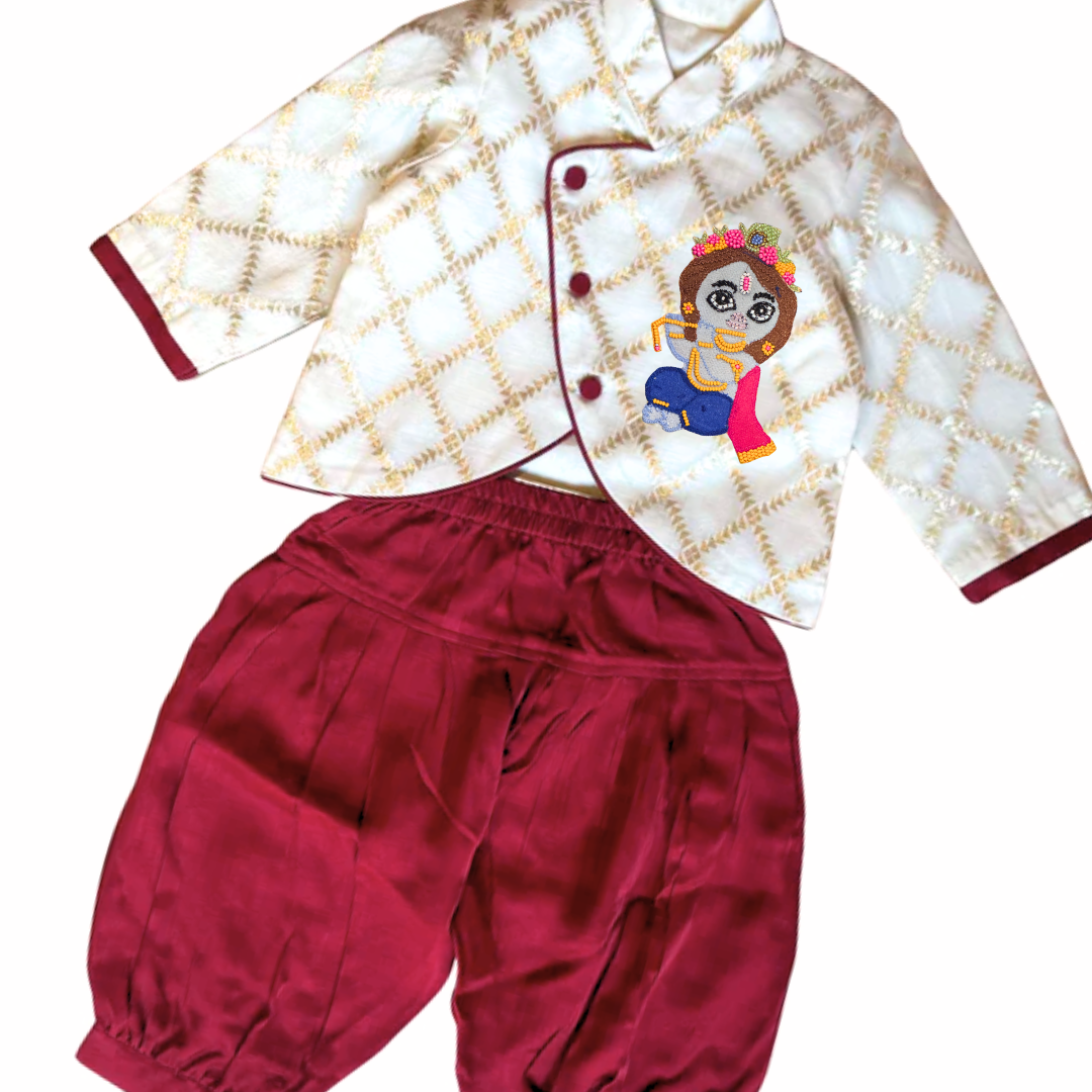 White Brocade Jacket and Maroon Kurta with Krishna & Matka Motif