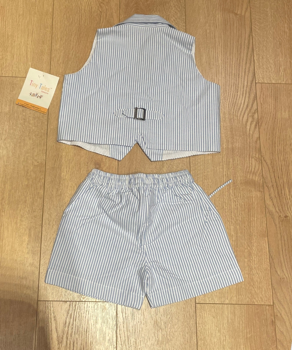 Blue Stripe Waistcoat Shorts Set with White Shirt