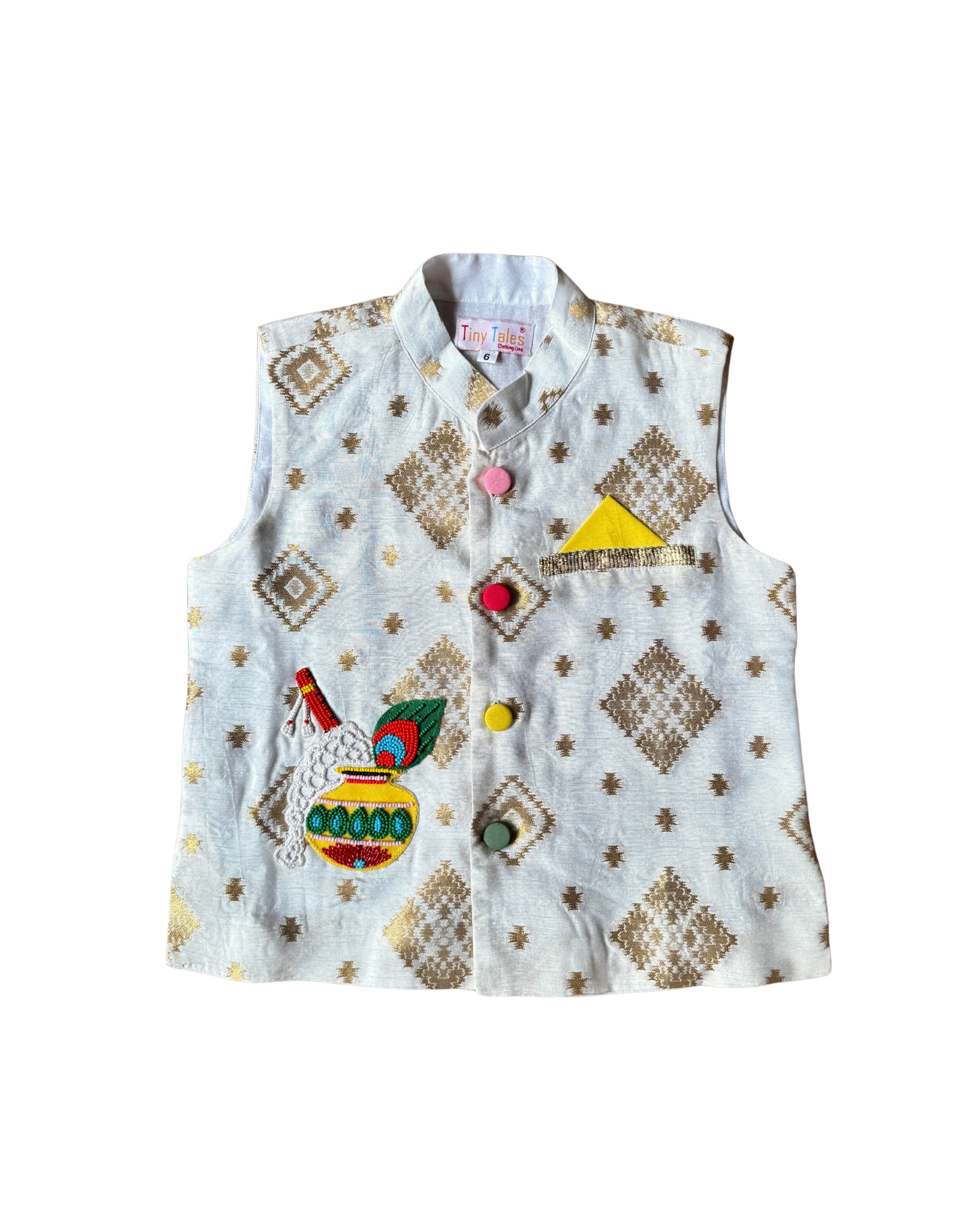 White Brocade Jacket with Matka Embroidered Motif with Kurta Set