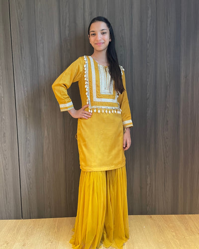 Mustard Shell Work Kurta Set