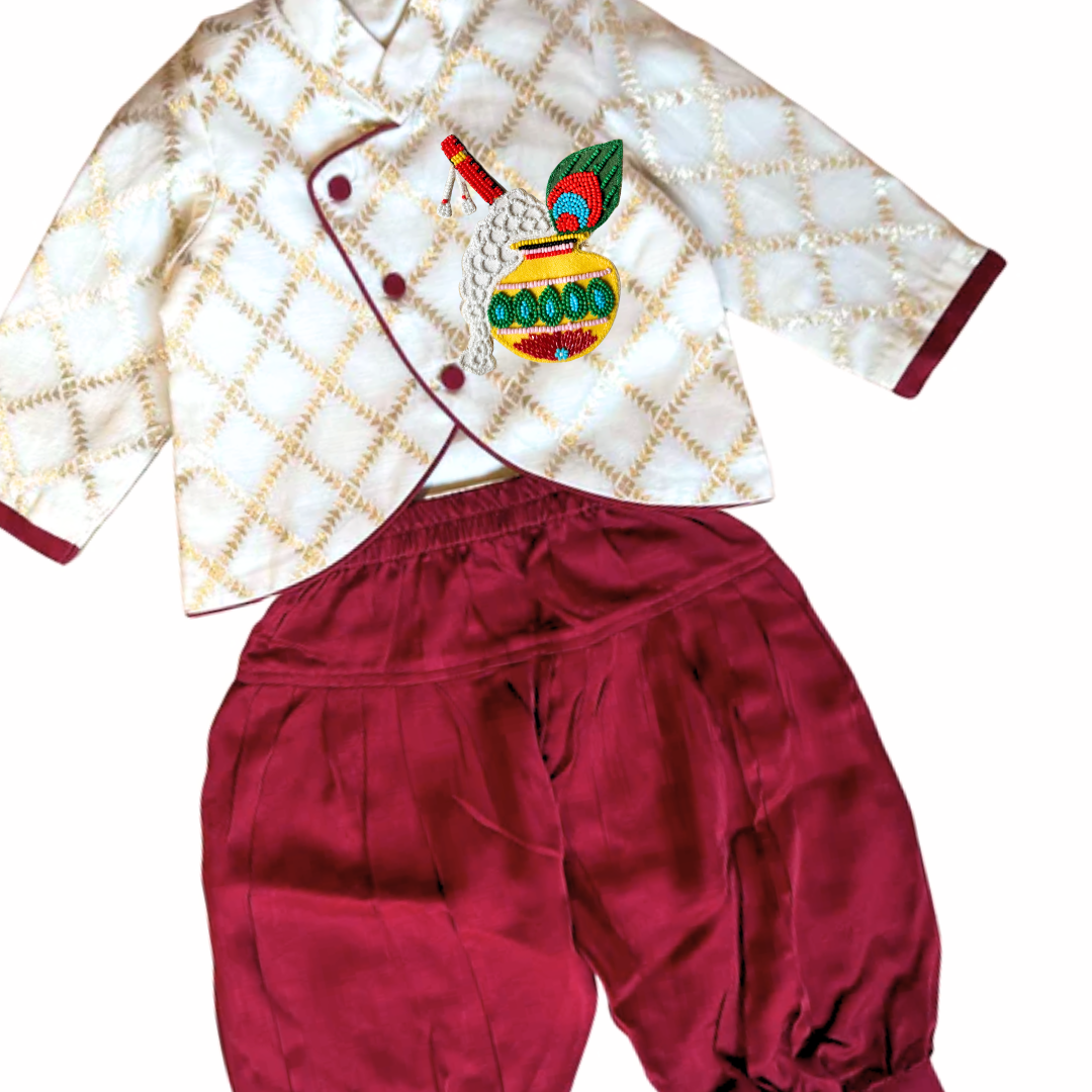 White Brocade Jacket and Maroon Kurta with Krishna & Matka Motif