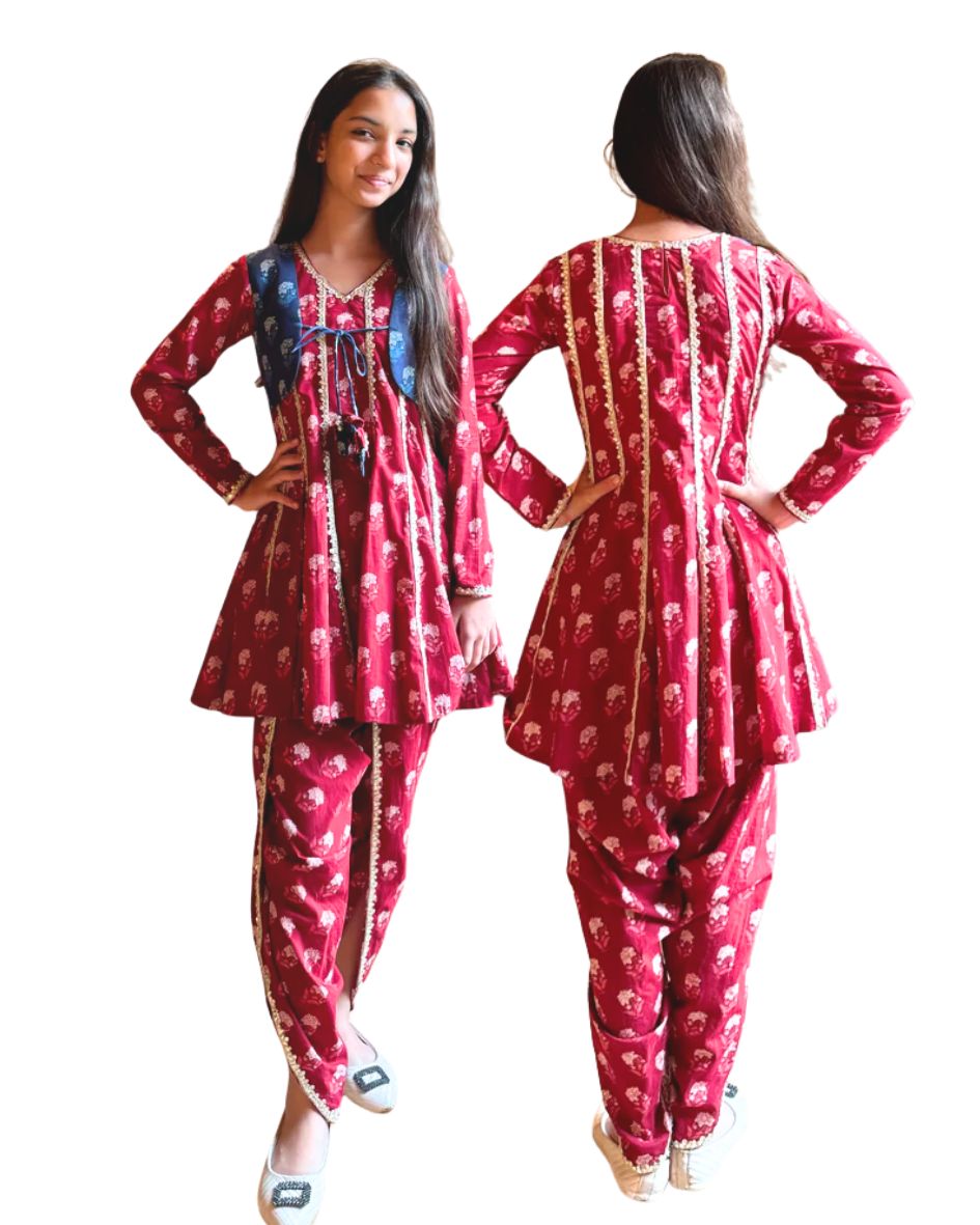 Red Anarkali with Attached Jacket and Dhoti