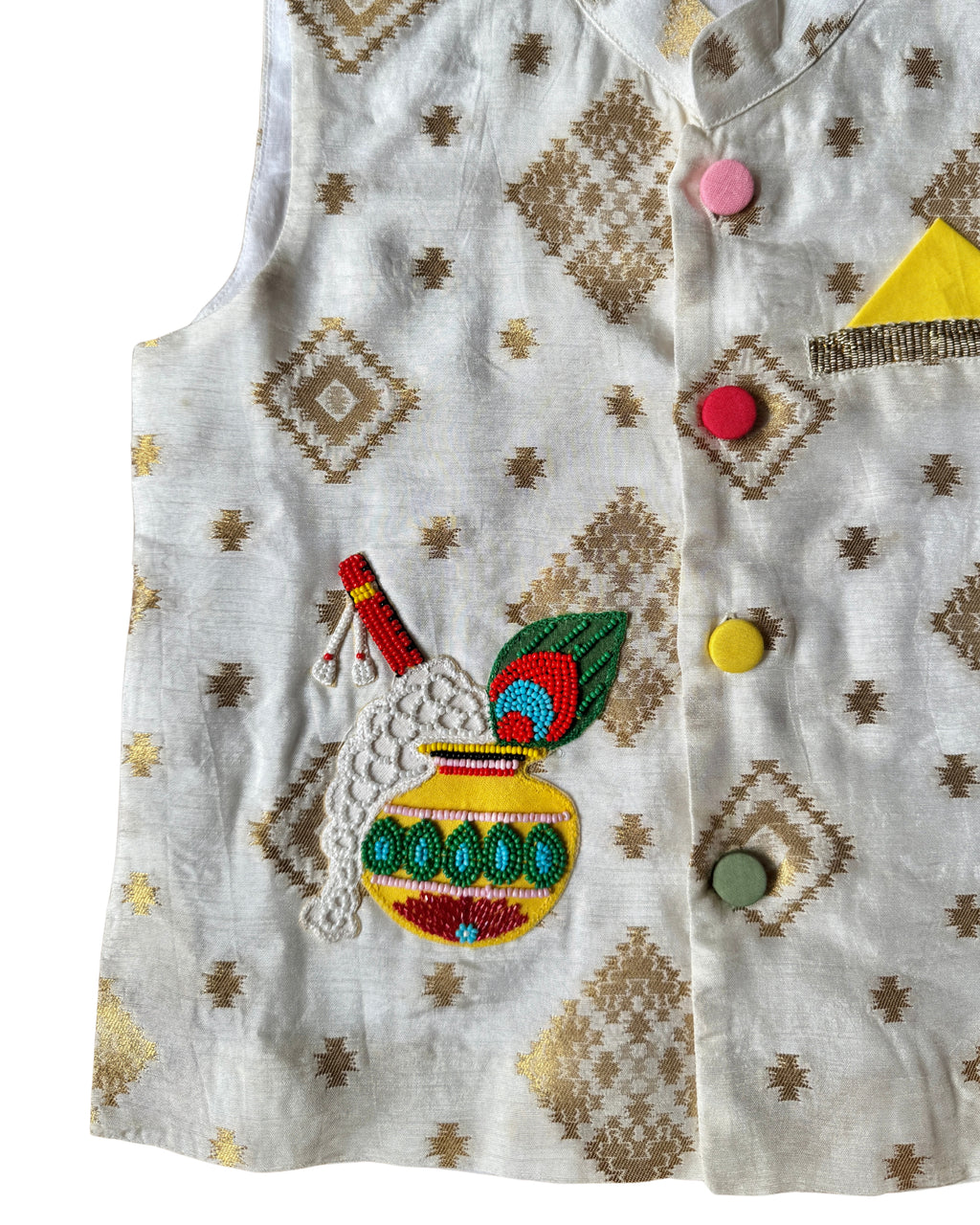 White Brocade Jacket with Matka Embroidered Motif with Kurta Set