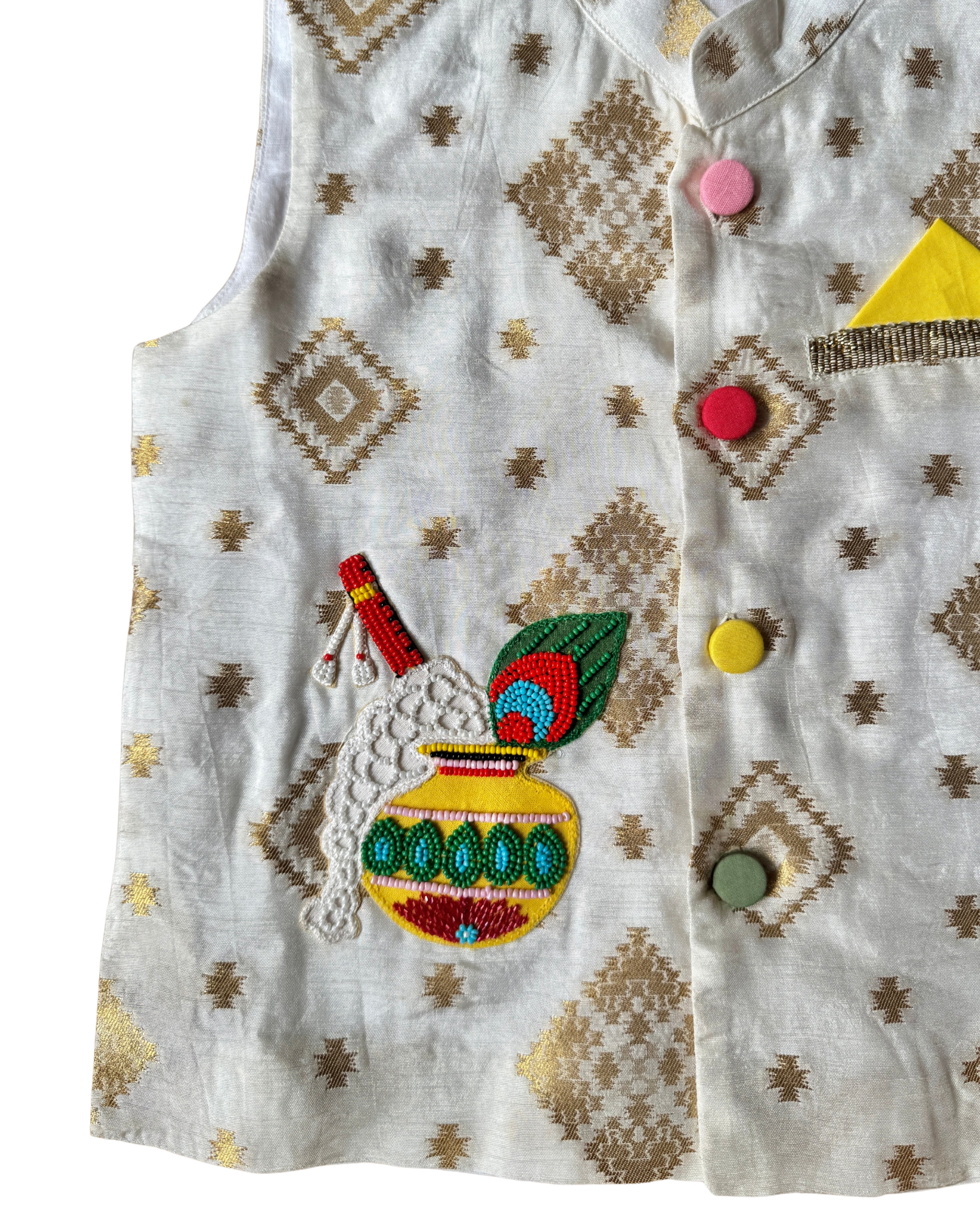White Brocade Jacket with Matka Embroidered Motif with Kurta Set