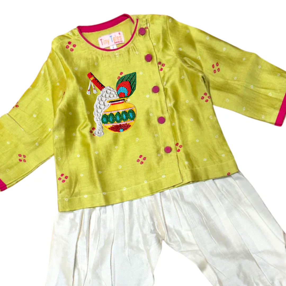 Green Chanderi Bandhani Jacket Set with Krishna & Matka Motifs