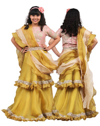Olive Tiered Lehenga with Blouse and Frill Dupatta