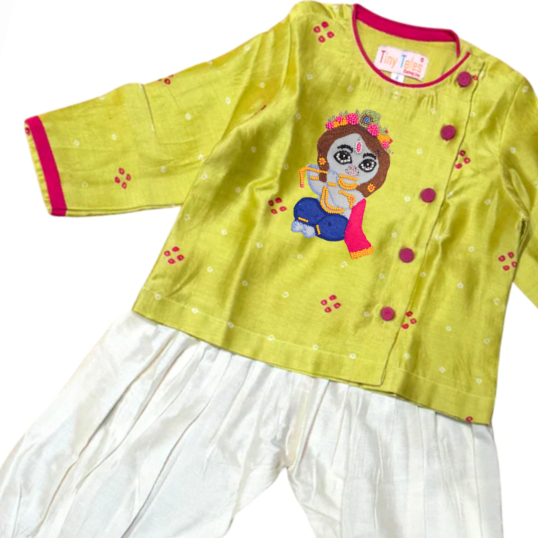 Green Chanderi Bandhani Jacket Set with Krishna & Matka Motifs