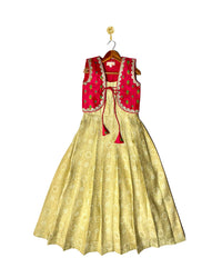 Green Brocade Frock with Pink Chanderi Jacket