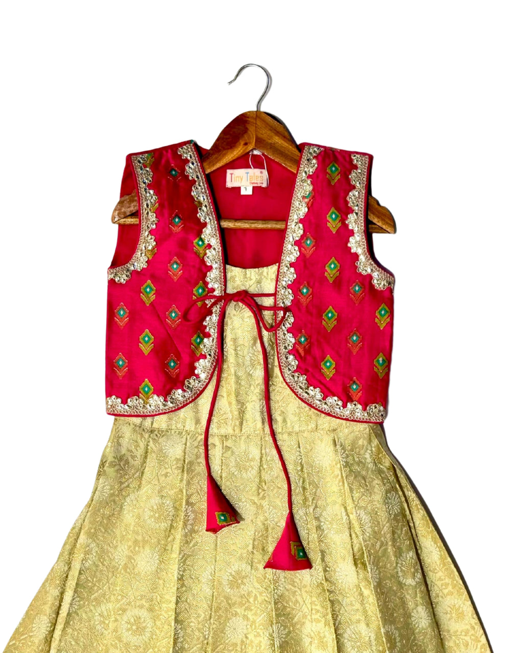 Green Brocade Frock with Pink Chanderi Jacket