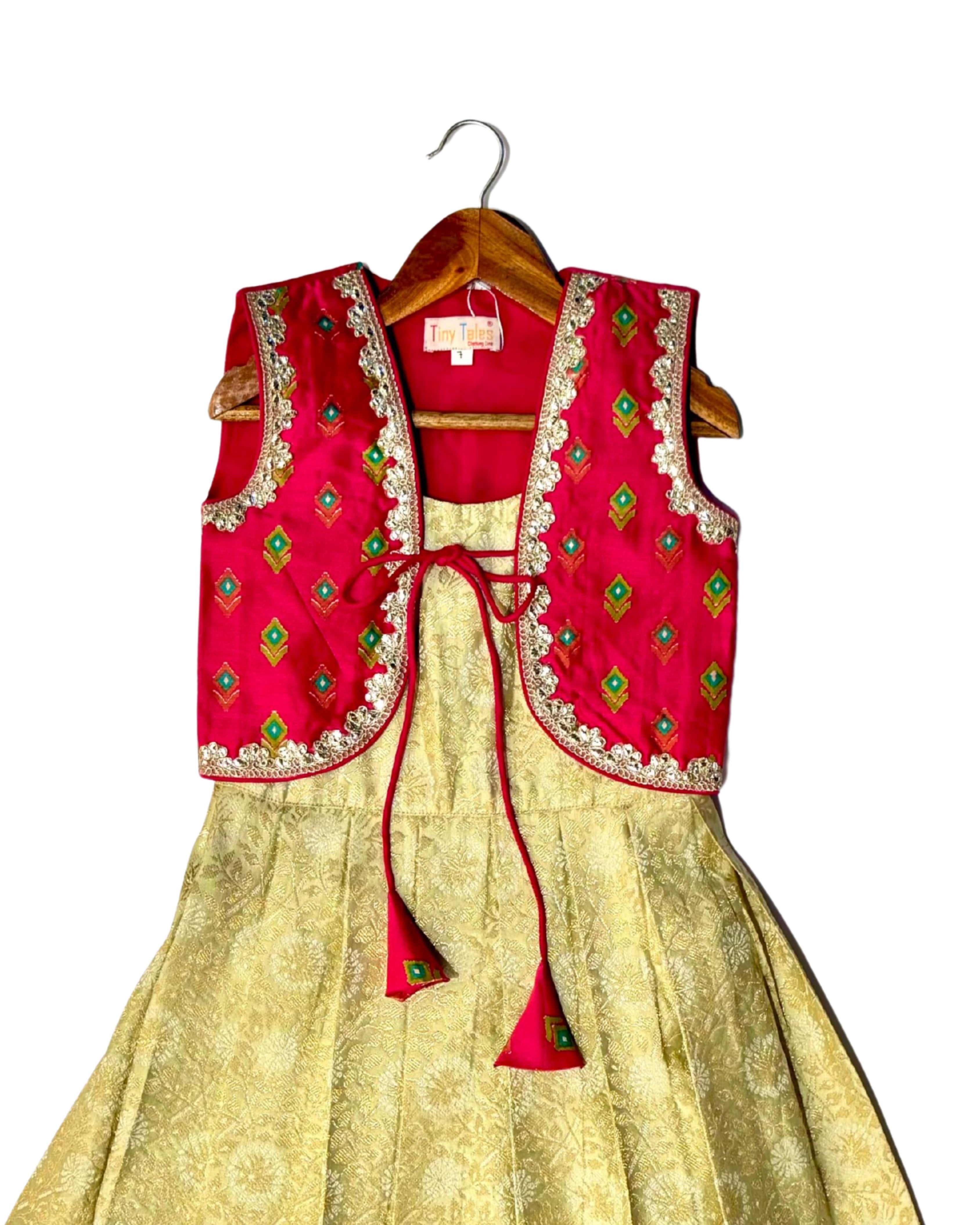 Green Brocade Frock with Pink Chanderi Jacket