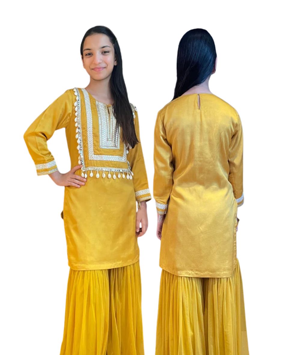Mustard Shell Work Kurta Set