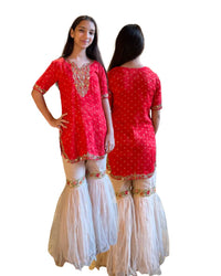 Red Embroidered Kurta With Pink Sharara - 10 yrs