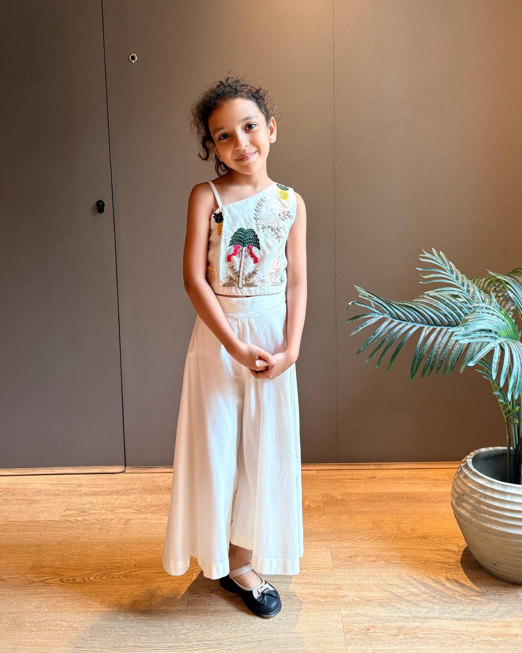 Off White Safari Theme Crop Top With Flared Pants