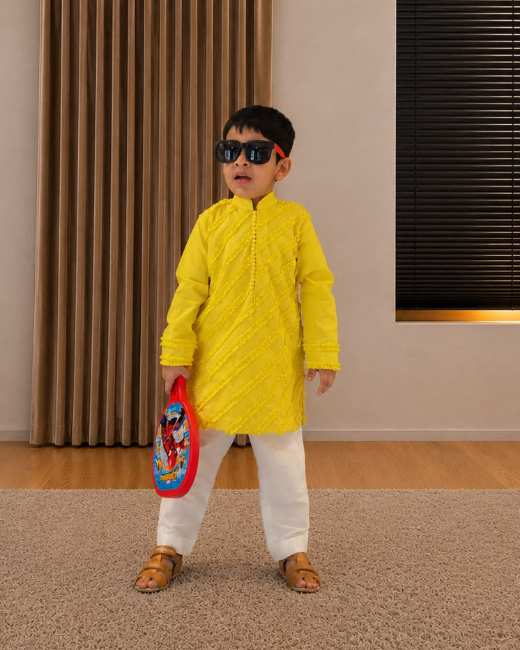 Yellow Frill Textured Kurta Set