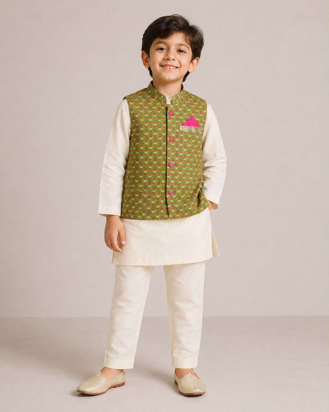 Green Printed Chanderi Jacket Kurta Set