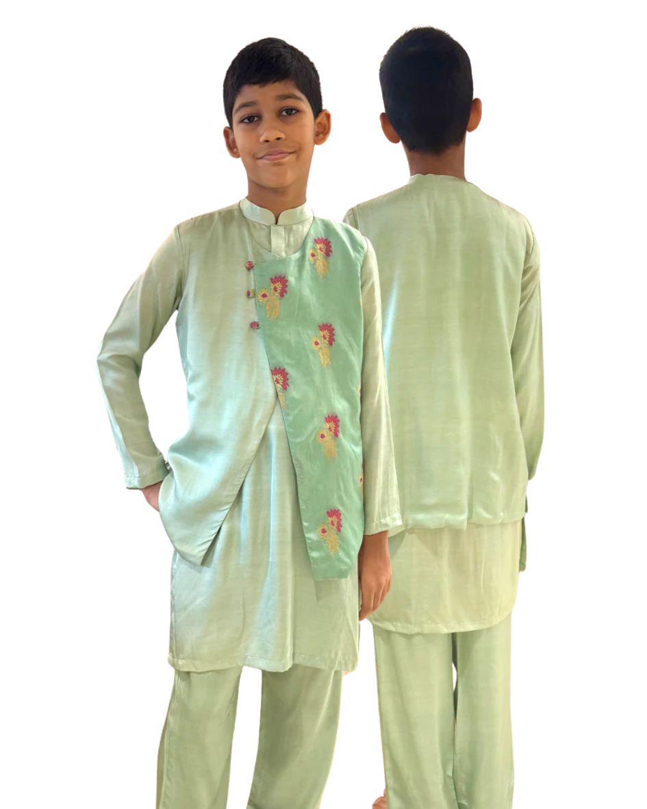 Pastel Green Kurta with Brocade Work Jacket Set