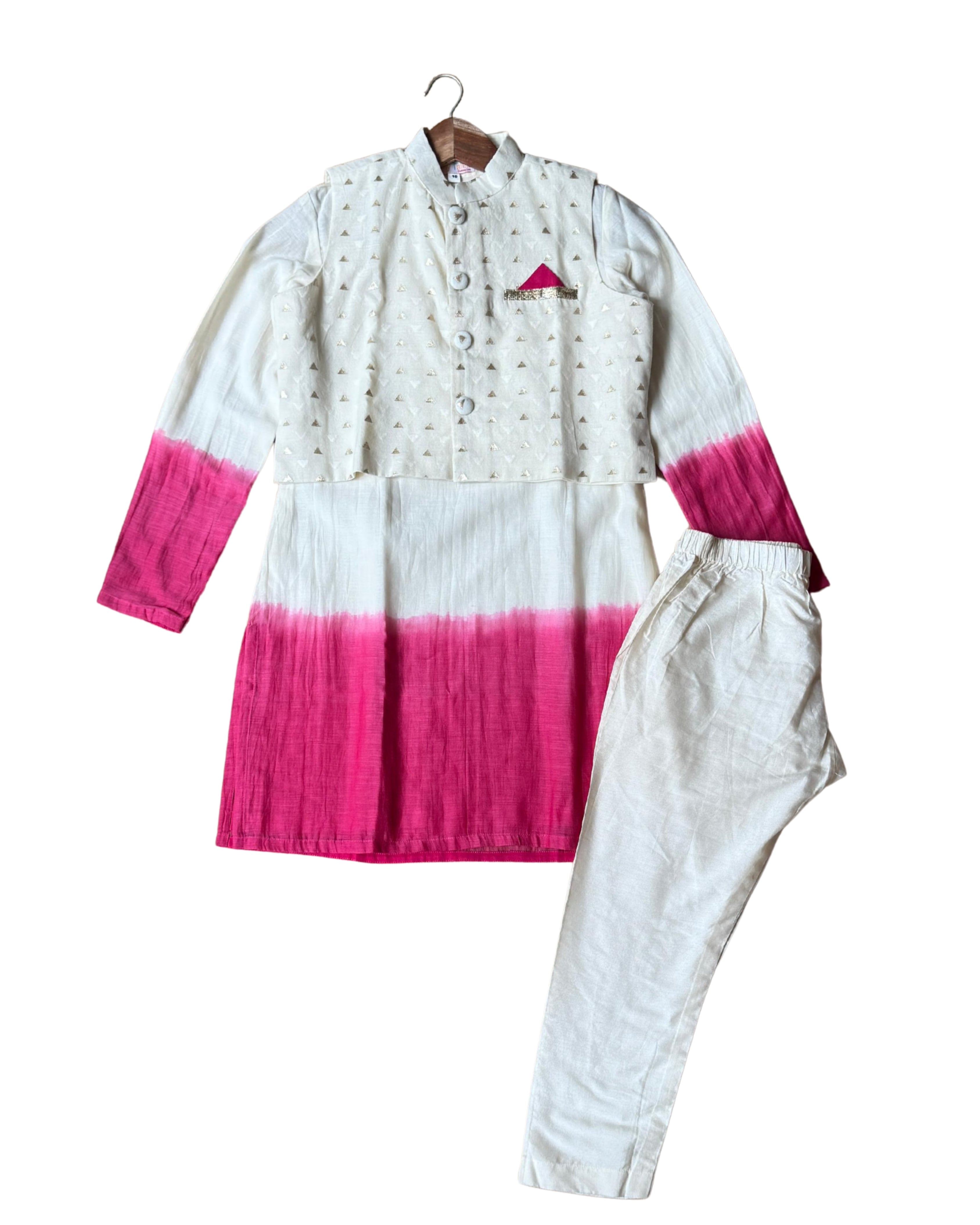 Off White & Pink Shaded Kurta Set withy Brocade Jacket