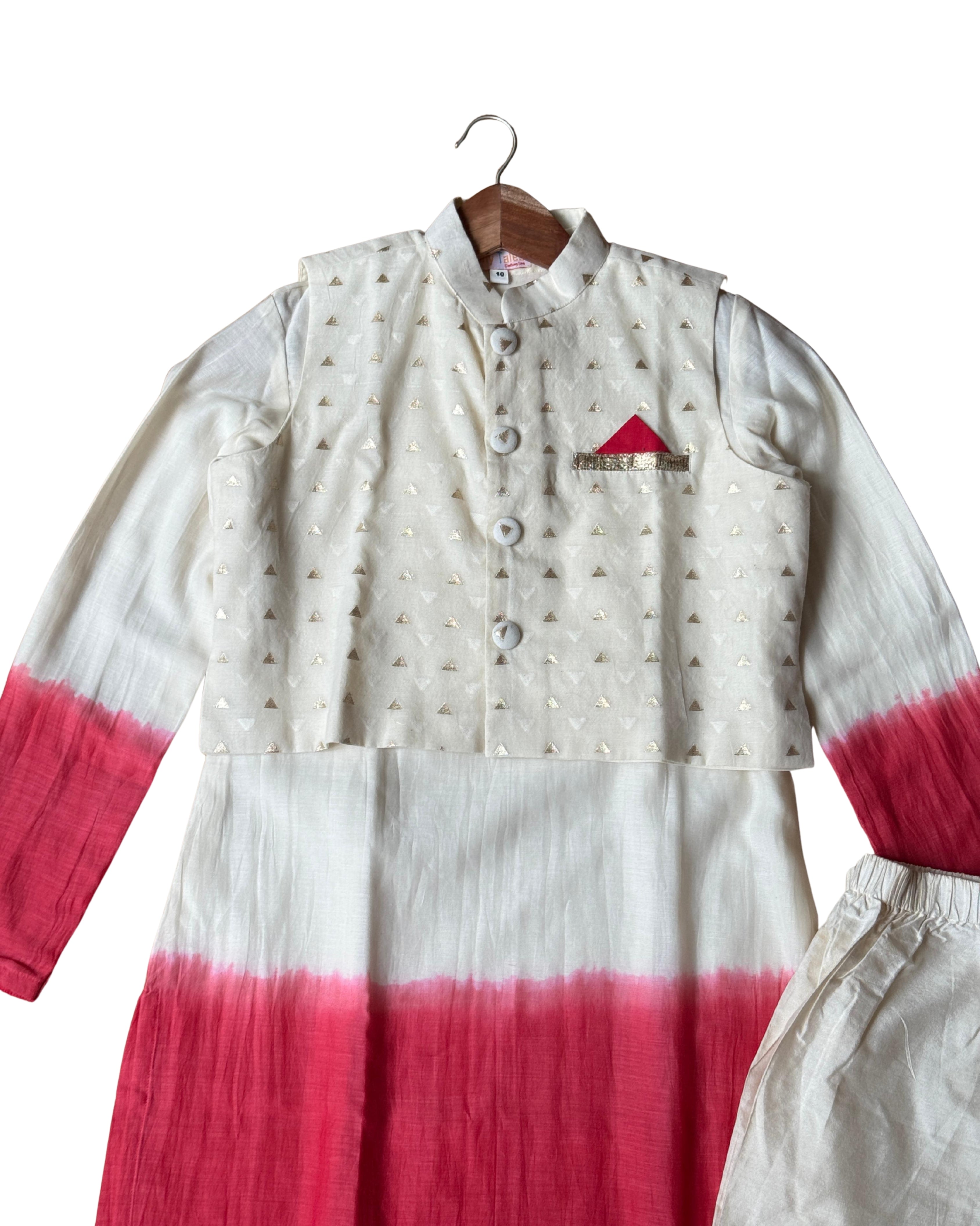 Off White & Pink Shaded Kurta Set withy Brocade Jacket