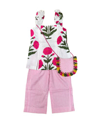 Floral Print Kurti With Stripe Pant & Bag