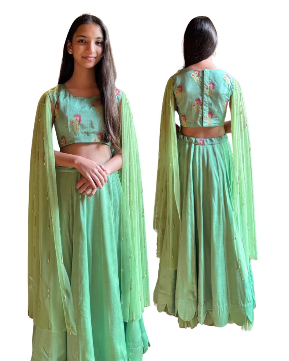 Green Brocade Long Sleeves Lehenga Set