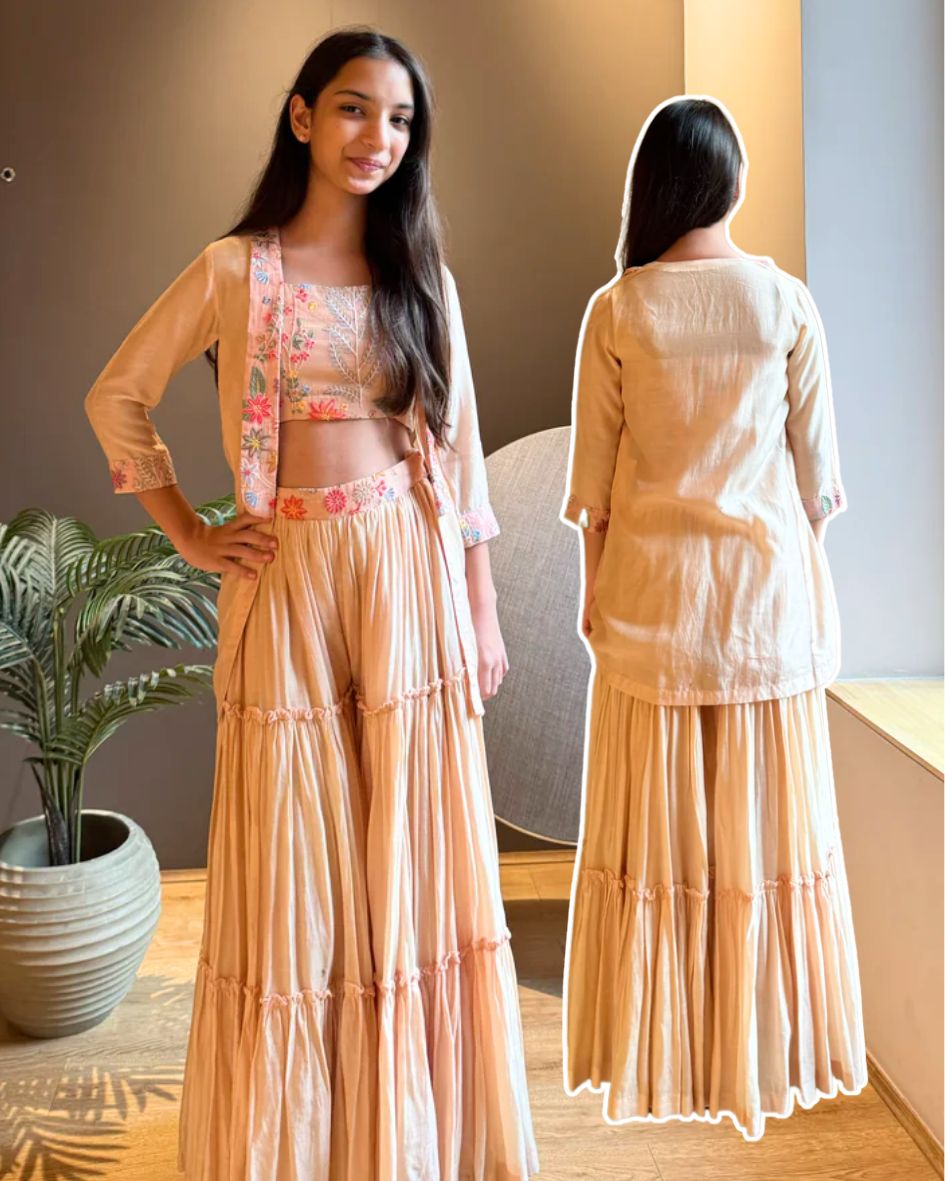 Pink Thread Work Blouse & Lehenga With Jacket